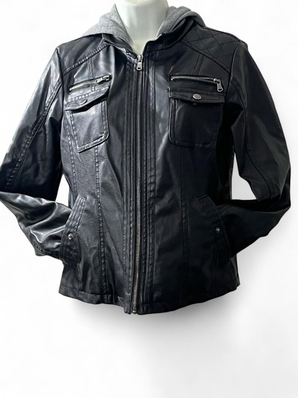 New Look Black Faux Leather Jacket with Gray Hood